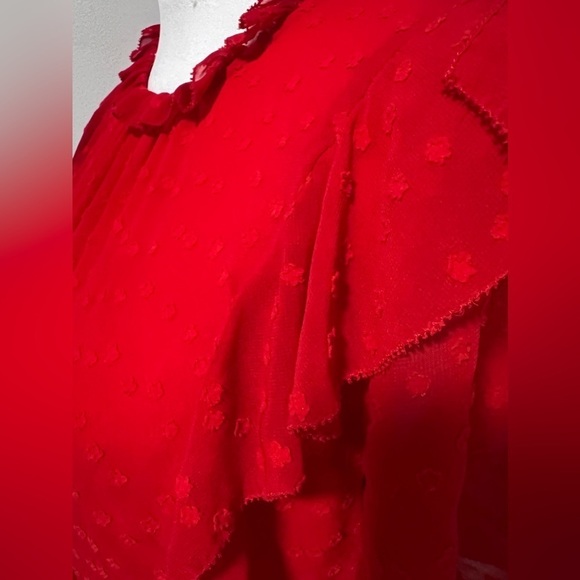 Monique Lhuillier Red Chiffon Ruffle Floral Flutter Sleeve Dress size 10 - Picture 6 of 15